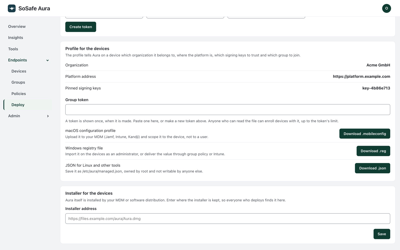 The console's Deploy page: the profile for the devices, with downloads for macOS, Windows and Linux.