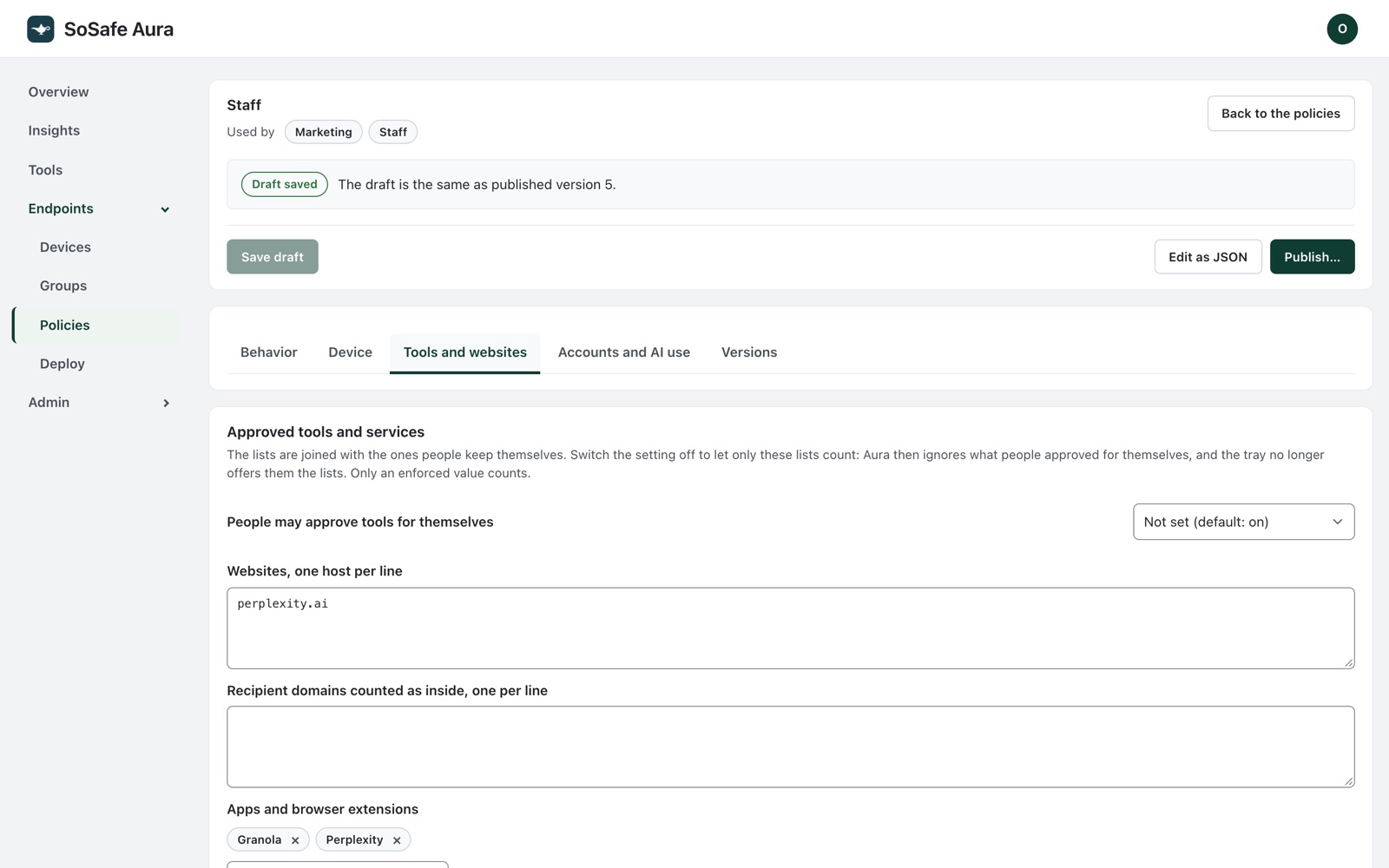 The console's policy editor with the settings of one policy in tabs.